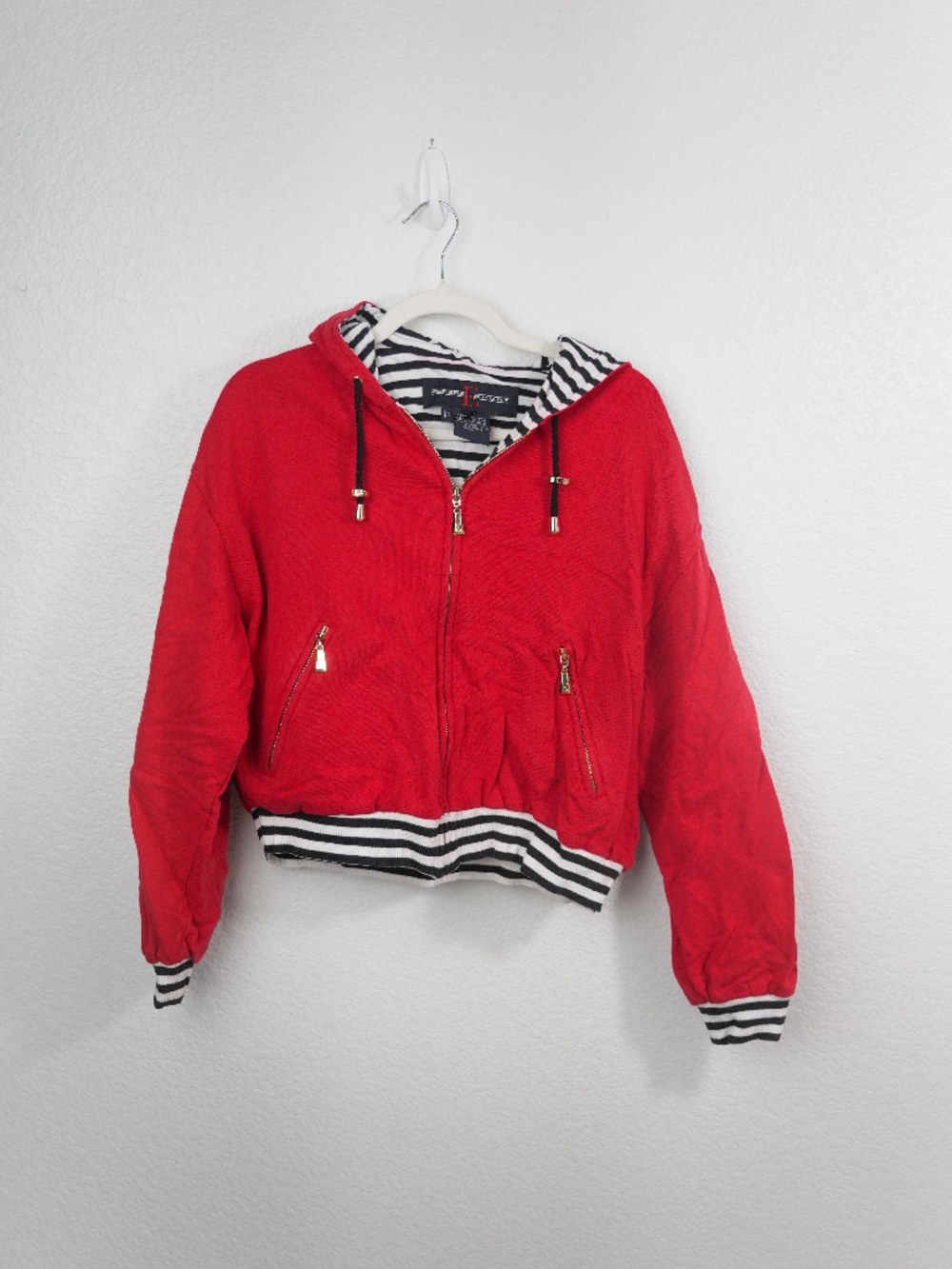 Vintage Escada Sport Red Full Zip Hoodie Size L Striped Lining 100% Cotton
